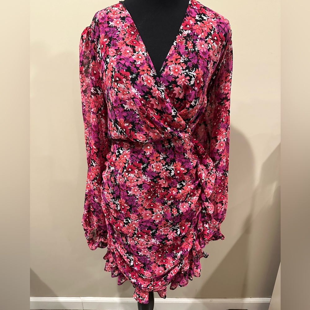 Express Pink Asymmetrical Ruched Wrap Dress